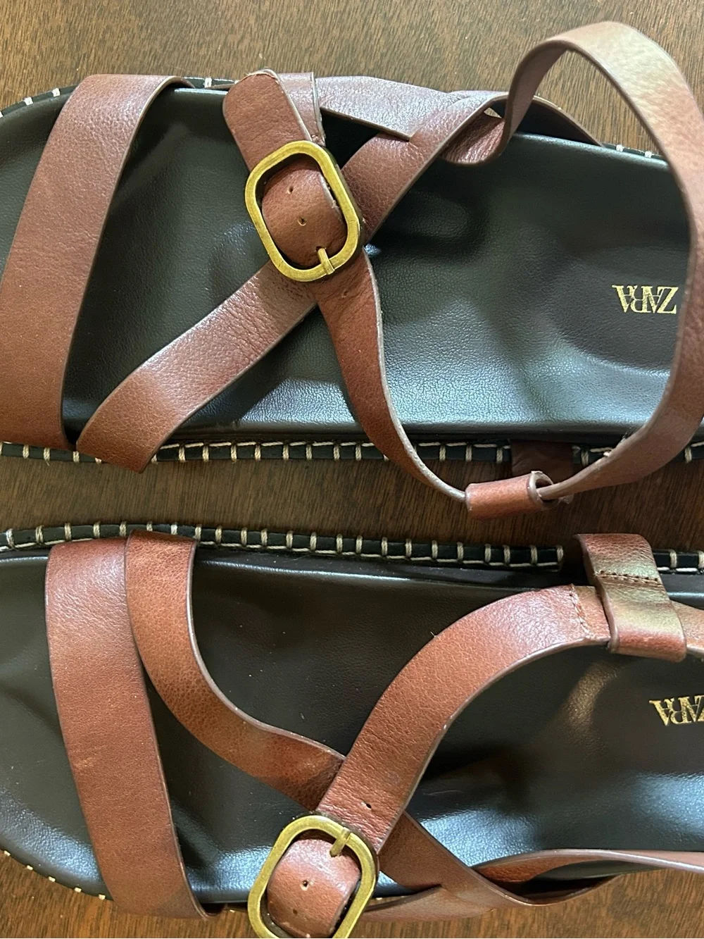 Zara Brown Leather Cross-Strap Sandals with Gold Buckles - Picture 4 of 5